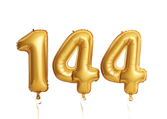 144 Number Shiny Gold Balloon, Celebratory Foil Balloon Decoration. isolated on transparent background, Helium balloons font.