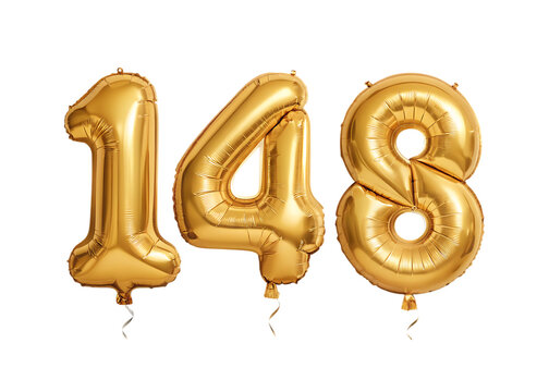 148 Number Shiny Gold Balloon, Celebratory Foil Balloon Decoration. isolated on transparent background, Helium balloons font.
