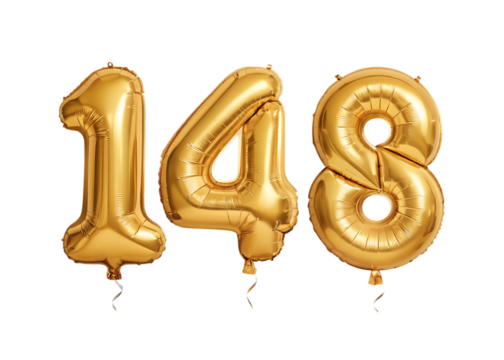 148 Number Shiny Gold Balloon, Celebratory Foil Balloon Decoration. isolated on transparent background, Helium balloons font.