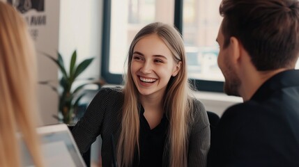 A group of office workers discussing problems at their desk, smiling confidently while engaging in a professional and collaborative work environment. 