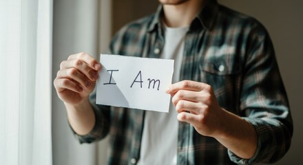 Man holds sign with "I Am" written on it, near window