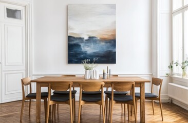 Modern dining room with large abstract painting, wooden table, and chairs. (1)
