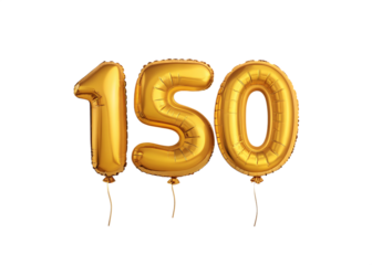 150 Number Shiny Gold Balloon, Celebratory Foil Balloon Decoration. isolated on transparent background, Helium balloons font.