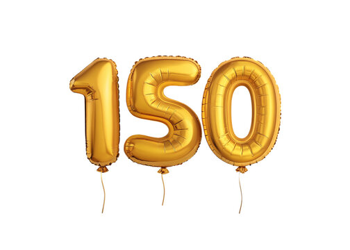 150 Number Shiny Gold Balloon, Celebratory Foil Balloon Decoration. isolated on transparent background, Helium balloons font.