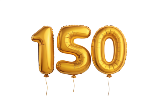 150 Number Shiny Gold Balloon, Celebratory Foil Balloon Decoration. isolated on transparent background, Helium balloons font.