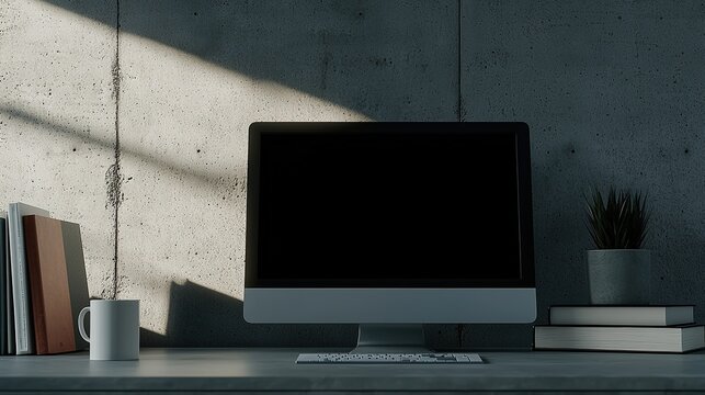Front view of an iMac with a blank black screen on a desk, accompanied by a coffee mug and books, against a concrete wall background in a minimalist, modern workspace setting.  
