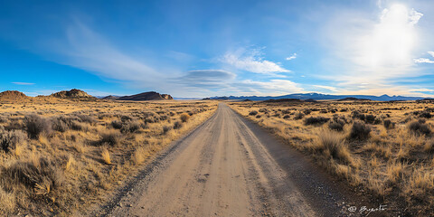 Naklejka premium Endless Road Leading Through a Vast Open Desert Landscape for a Majestic Journey