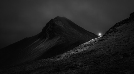 A lone figure stands on a snow-covered mountain peak, illuminated by a bright light source.