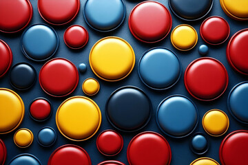 Colorful, glossy circles in red, yellow, blue and black on a dark background.  Various sizes create a visually interesting pattern