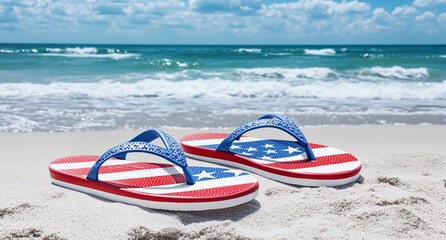 Obraz premium Ciabatte infradito sulla spiaggia con il simbolo della bandiera americana. Vacanza.