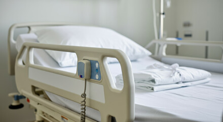 Fototapeta premium Empty hospital bed with white sheets and remote control in medical facility
