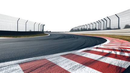 "A detailed race track with a sharp bend and tire skid marks on the pavement, isolated on transparent background, showcasing the aggressive nature of racing