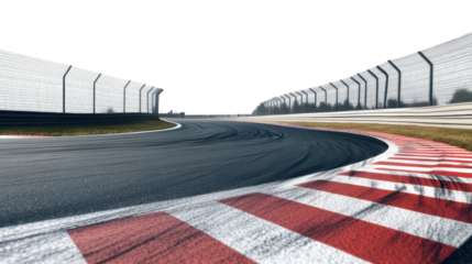 "A detailed race track with a sharp bend and tire skid marks on the pavement, isolated on transparent background, showcasing the aggressive nature of racing