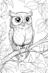 Fototapeta premium A cute, hand-drawn owl perched on a branch surrounded by leaves, perfect for coloring or illustration projects.