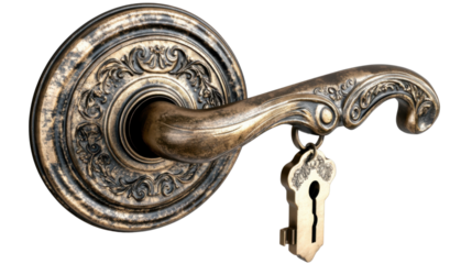 "A detailed antique bronze door handle with a classic keyhole, isolated on transparent background, evoking a sense of timeless beauty and old-world charm
