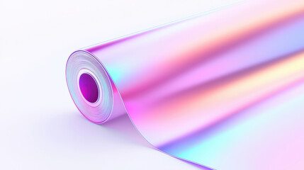 Shiny holographic wrapping paper roll with vibrant colors and smooth texture.