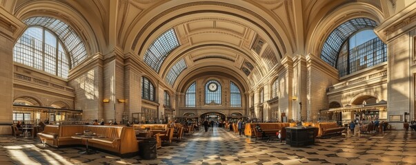An expansive arched ceilinged interior of a large public building