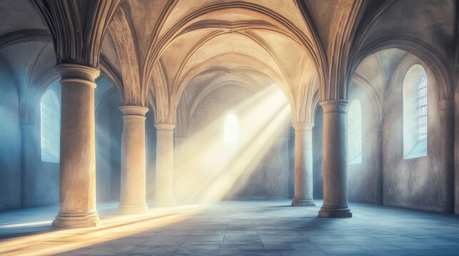 Cathedral with high arches and large windows, bathed in sunlight