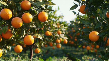 A vibrant orange orchard with ripe oranges hanging from the trees, creating an enchanting, lush atmosphere that highlights the beauty of nature.