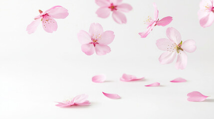 Soft pink flower petals gently falling on a serene, white background.