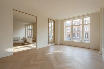Fototapeta premium Modern empty apartment with herringbone floors and large windows.
