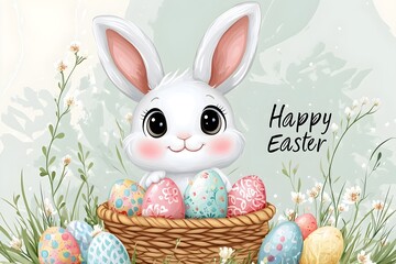 cute white easter bunny holding a woven basket of colorful patterned eggs, joyful expression with subtle floral elements, “Happy Easter” text in fun festive font. easter banner