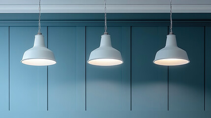 Obraz premium Modern Pendant Lights Hang Elegantly Above a Blue Wall in a Contemporary Interior Dining Space During Daylight Hours