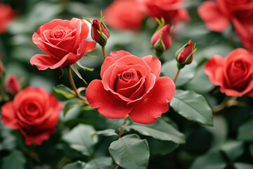 Stunning red roses blooming beautifully in a vibrant green garden.