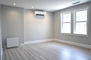 Modern empty room with gray walls, wood floor, windows, and heating.