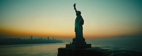 Fototapeta premium Statue of a woman stands tall at dusk near the city