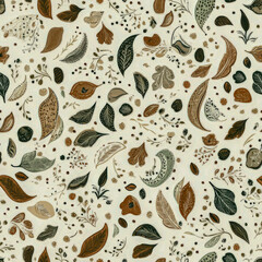 Seamless autumnal pattern featuring falling leaves and tiny berries on beige background