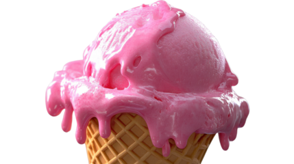A detailed and realistic image of a melting pink ice cream scoop on a waffle cone, with drips of creamy texture slowly falling down, isolated on a transparent background.