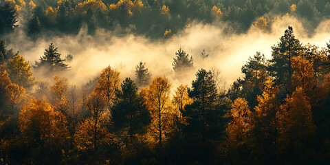 Naklejka premium Valley Covered in Mist at Sunrise for Nature Photography, Travel Inspiration, or Atmospheric Art Projects