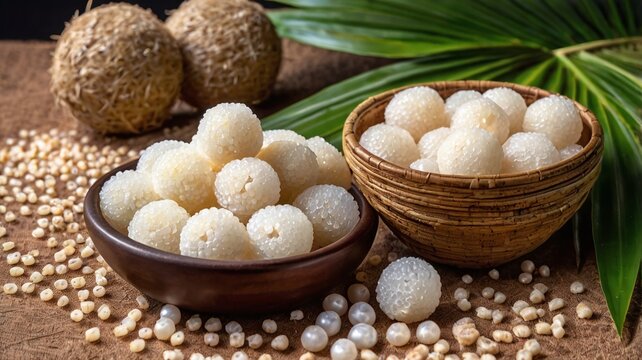 Sago or Sabudana Raw healthy sago balls or Tapioca Pearls made from tropical palm trees or with tapioca the starch from cassava