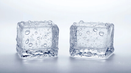 Two crystal-clear ice cubes with bubbles on a light background. isolated on white background.