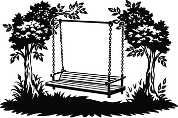 a swing under a tree of a silhouette black shape vector