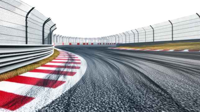 "A detailed race track with a sharp bend and tire skid marks on the pavement, isolated on transparent background, showcasing the aggressive nature of racing