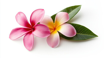 Two vibrant plumeria flowers with green leaves on a clean white background. isolated on white background.
