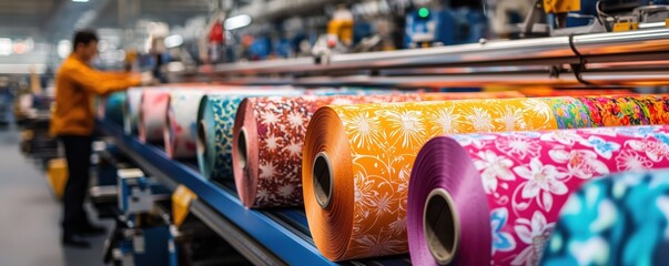 Colorful fabric rolls in digital textile printing production
