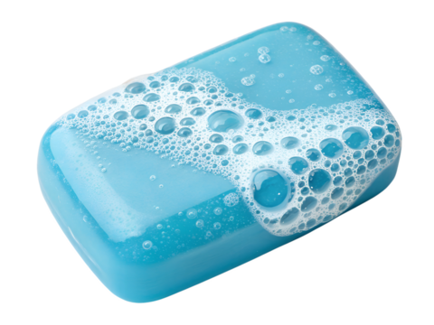 blue bar of soap with lather and bubbles isolated on white background png