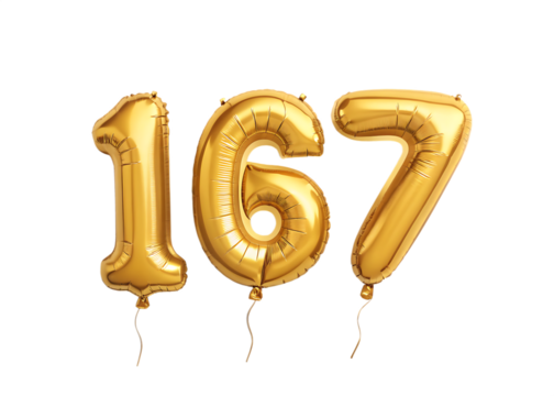 167 Number Shiny Gold Balloon, Celebratory Foil Balloon Decoration. isolated on transparent background, Helium balloons font.
