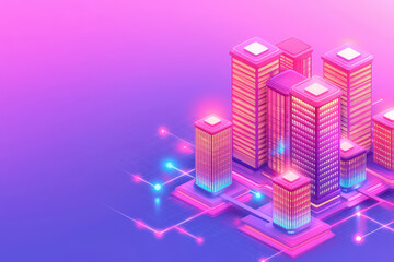 Fototapeta premium Vibrant digital cityscape showcasing modern skyscrapers with neon lights, creating a futuristic and energetic atmosphere.