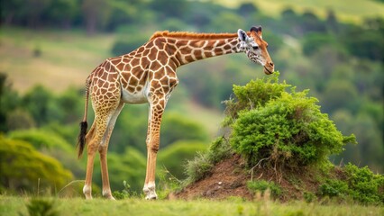 Obraz premium A reticulated giraffe gracefully consumes foliage atop a verdant mound, showcasing its distinctive coat against a lush, rolling landscape