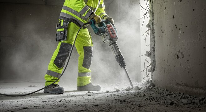 Construction Worker Demolishing Concrete Wall with Demolition Hammer