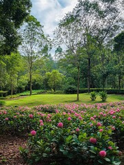 Blooming landscape of pink flowers in a tranquil garden setting