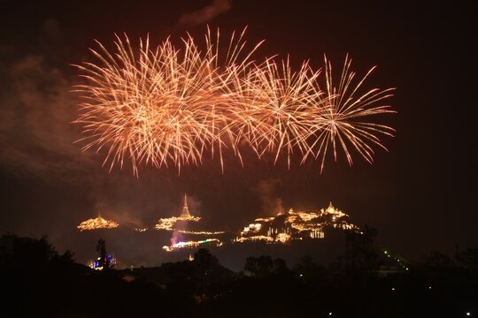 celebration fireworks and lighting at Phra Nakhon Khiri Historical Park (Khao Wang) in Thailand on night 