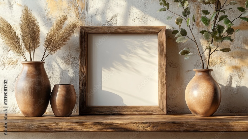 Poster soft shadows dance on textured walls as handcrafted vases filled with dried grasses and greenery ado