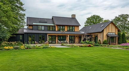 Obraz premium Modern farmhouse with black metal roof, wood siding, large windows, and expansive lawn.