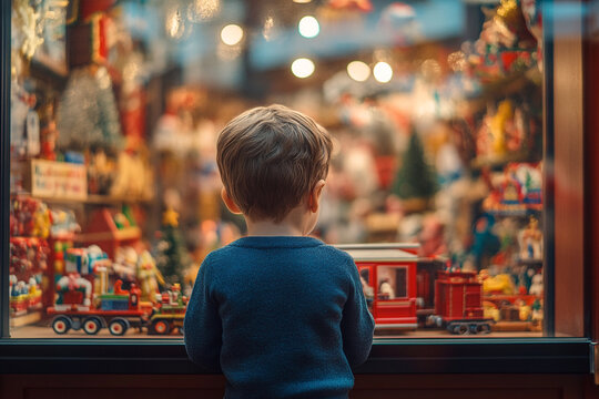 Young boy looking at christmas toy store window display red toys cute child gifts train sweet happy