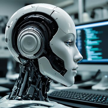 A robotic head and neck sits on a desk next to a computer keyboard with a large screen behind it displaying code.
